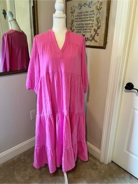 LOFT Bright Pink Tiered Maxi Dress with V-Neckline